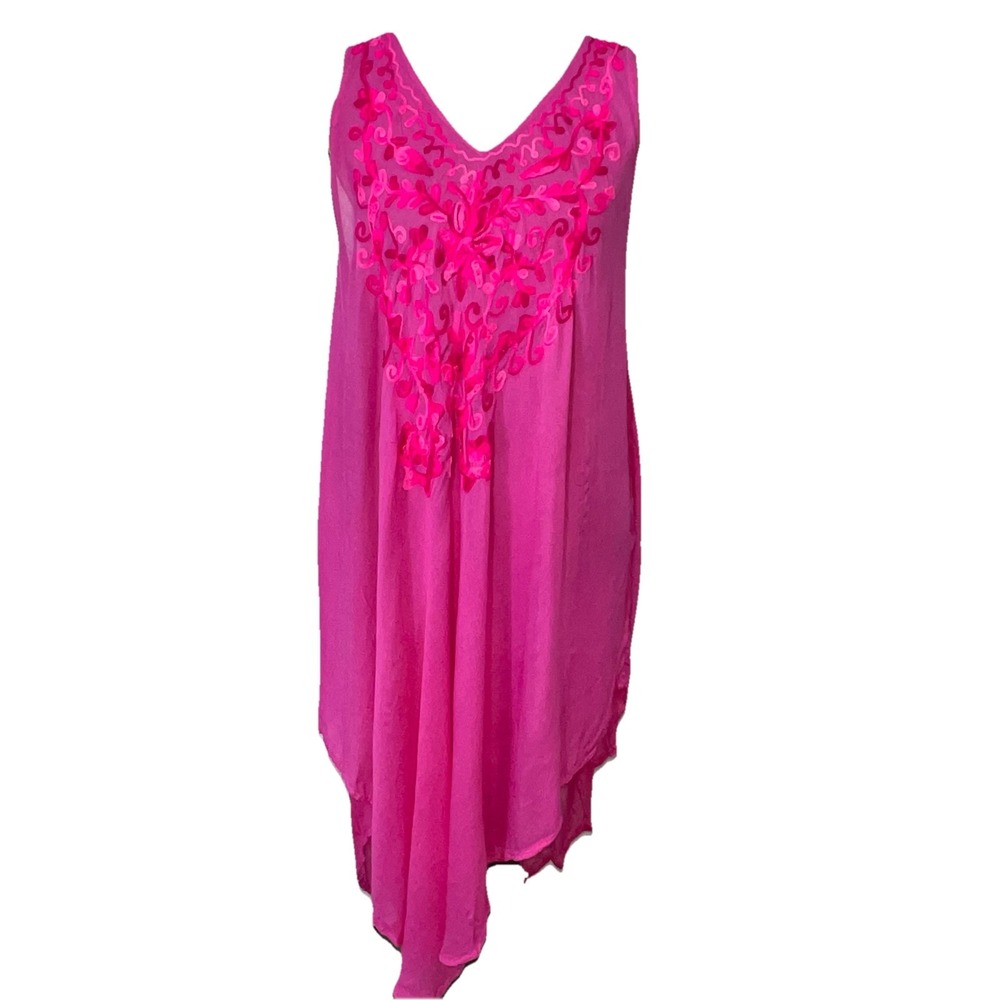 Pagoda Cover Size Sheer Midi Dress Swim Embroidered Boho Pink Vibrant OSFM